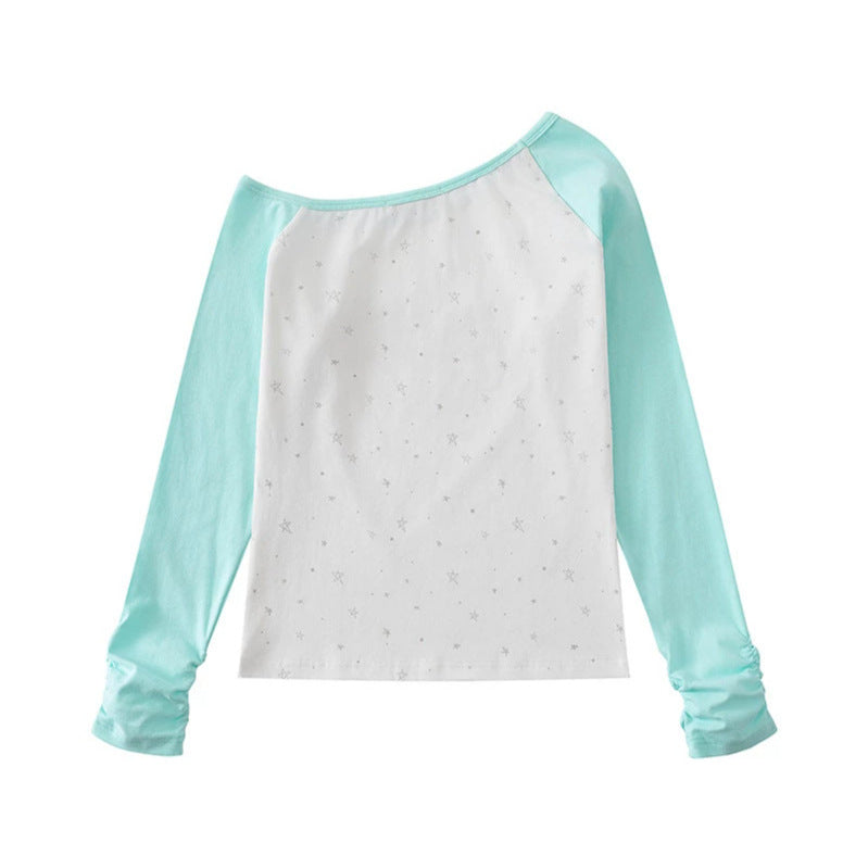 Damen Raglan-Langarmshirt mit U-Boot-Ausschnitt, Sternen-Print und gerafften Ärmeln Nord Taschen