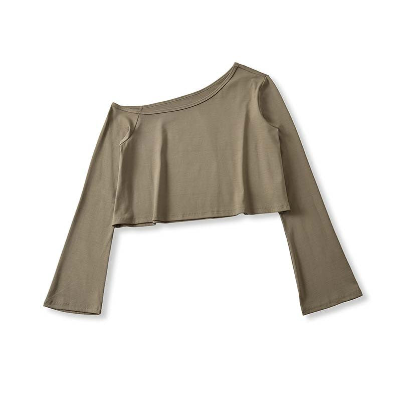 Damen Cropped Off-Shoulder Longsleeve mit ausgestellten Trompetenärmeln aus Jersey Nord Taschen