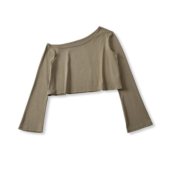 Damen Cropped Off-Shoulder Longsleeve mit ausgestellten Trompetenärmeln aus Jersey Nord Taschen