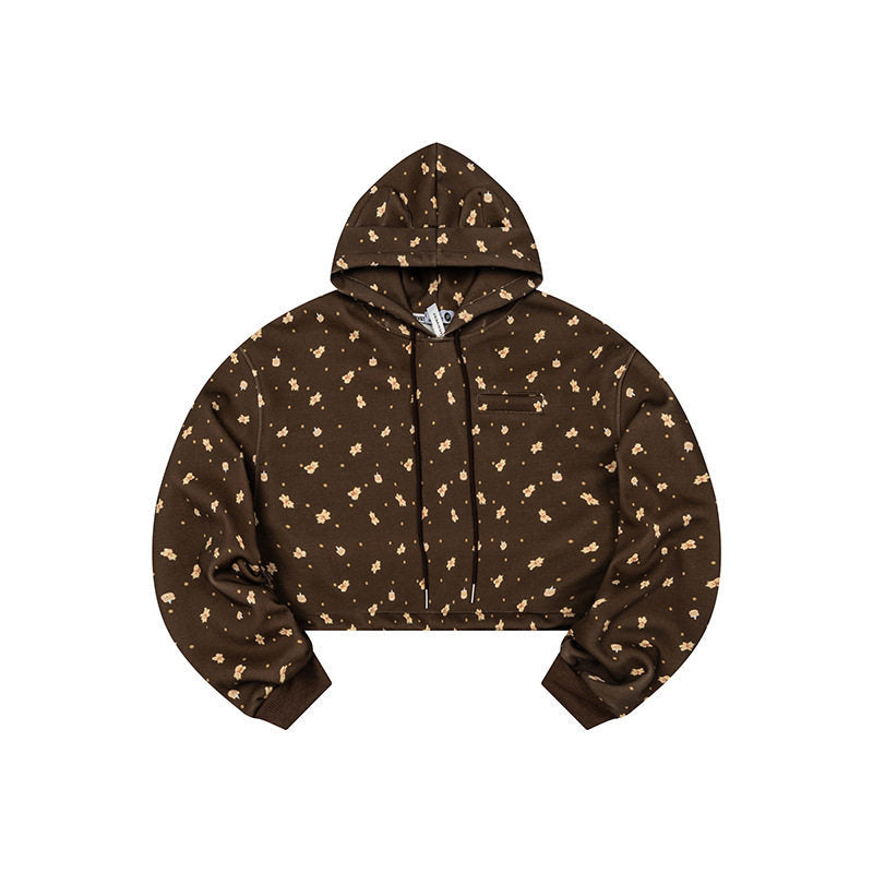 Damen Cropped Kapuzen-Sweatshirt mit Allover-Blumenprint, Brusttasche und gerafftem Saum Nord Taschen
