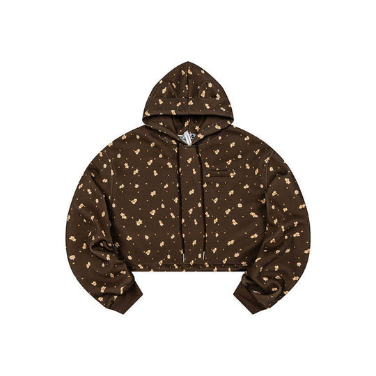 Damen Cropped Kapuzen-Sweatshirt mit Allover-Blumenprint, Brusttasche und gerafftem Saum Nord Taschen