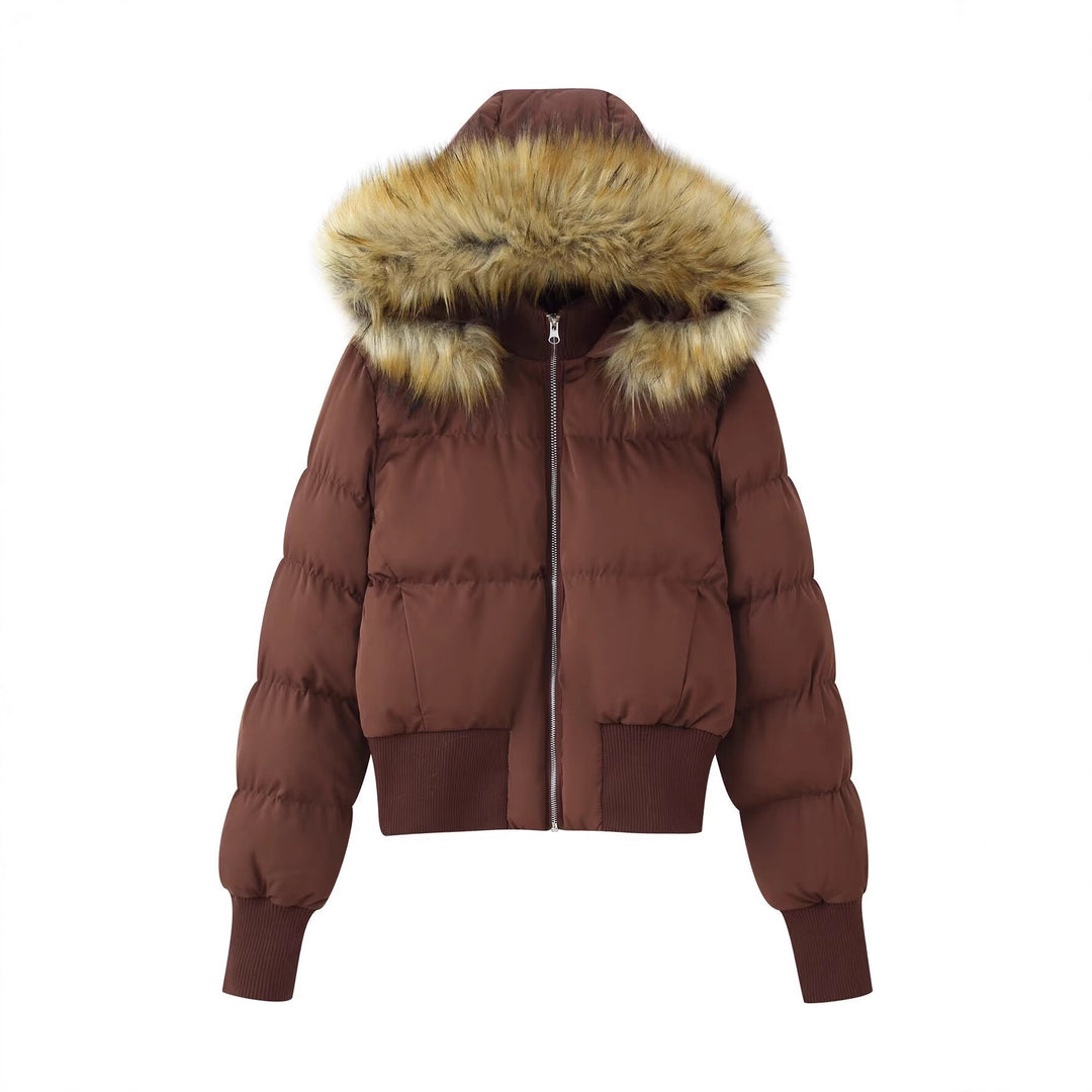 Damen Gepolsterte Cropped-Bomberjacke mit Kapuze und abnehmbarem Kunstpelzbesatz Nord Taschen