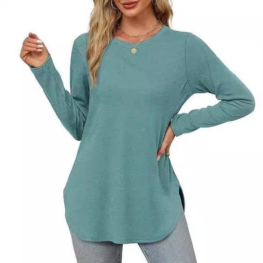 Damen Lässiges Longsleeve-Tunikaoberteil mit Rundhalsausschnitt, Seitenschlitzen und Aquarell-Blattprint Nord Taschen