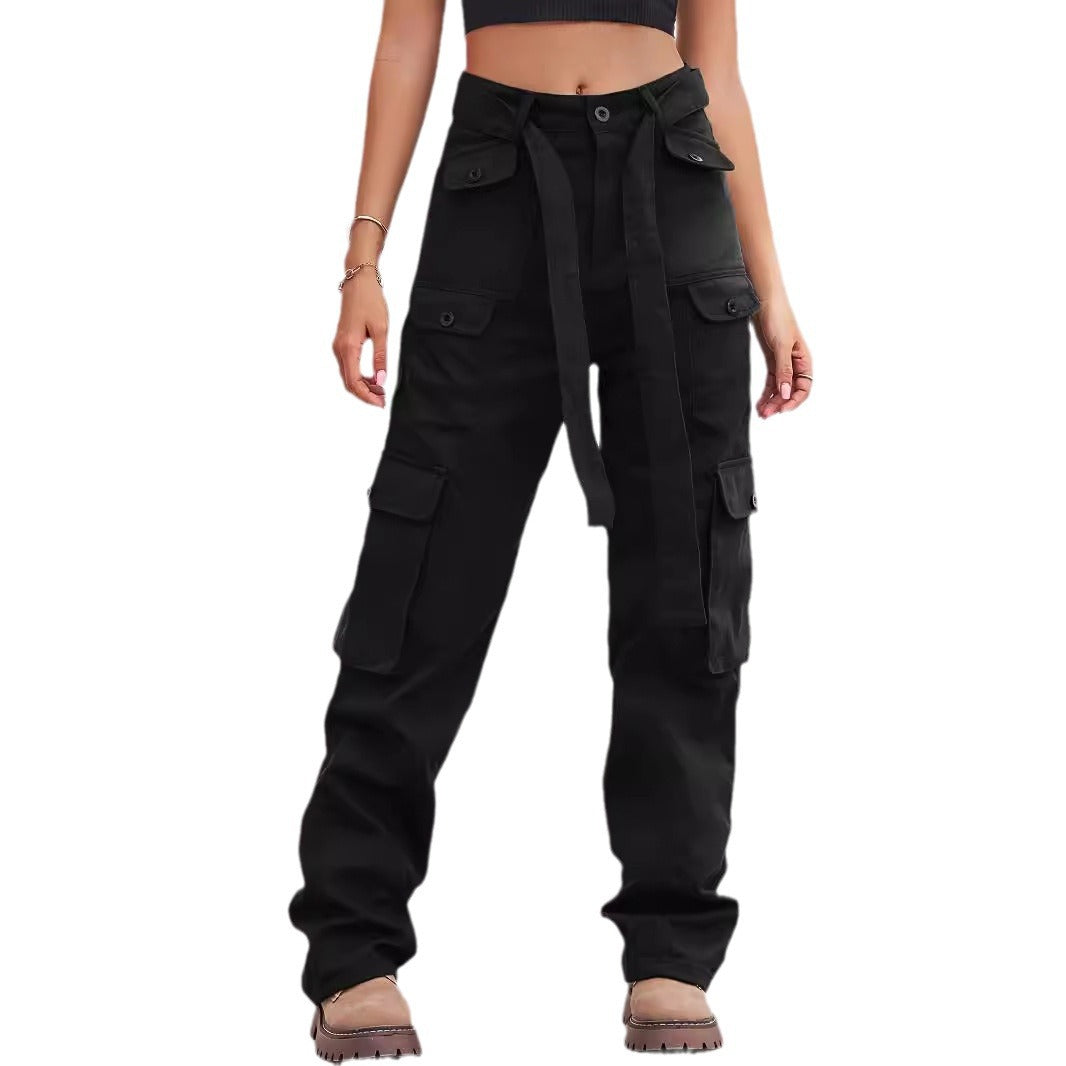 Damen Cargo-Hose mit hoher Taille, Bindegürtel und Mehrfach‑Pattentaschen Nord Taschen
