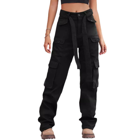 Damen Cargo-Hose mit hoher Taille, Bindegürtel und Mehrfach‑Pattentaschen Nord Taschen