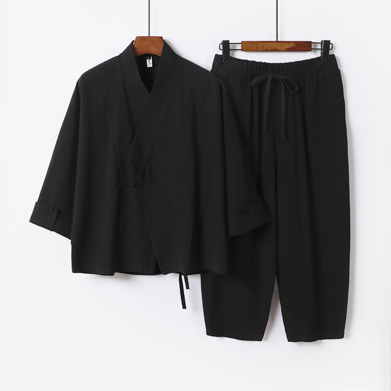Herren Atmungsaktives Leinen-Baumwoll Lounge-Set mit asymmetrischem V-Kragen und elastischer Kordelhose Nord Taschen