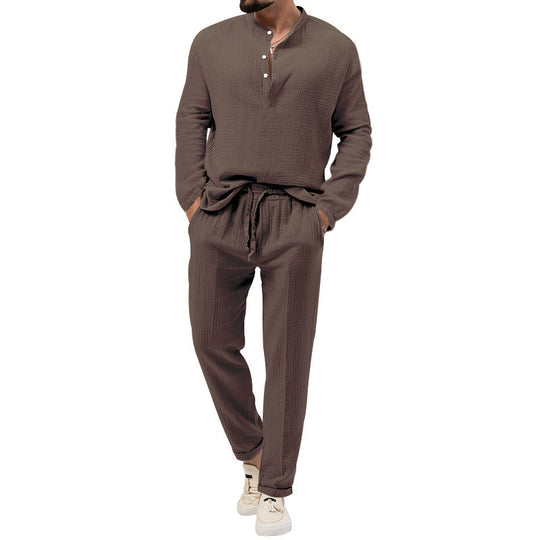 Herren Lässiges Zweiteiliges Lounge-Set aus Baumwoll-Gauze mit Henley-Oberteil und Tunnelzug-Hose Nord Taschen