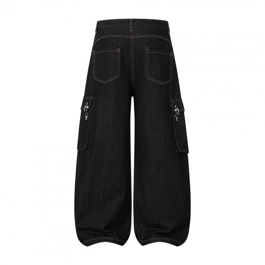 Damen Ballonförmige Cargo-Jeans mit hoher Taille, weitem Bein und aufgesetzten Klappentaschen Nord Taschen