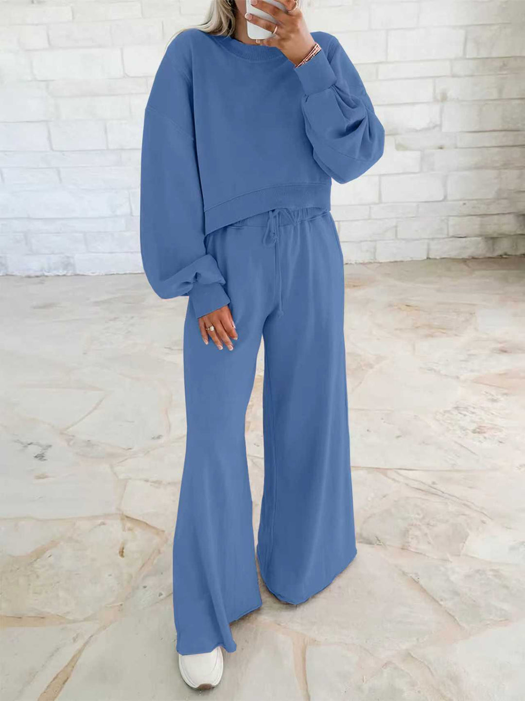 Damen Kurzpullover- und Palazzohose Lounge-Set mit Ballonärmeln Nord Taschen