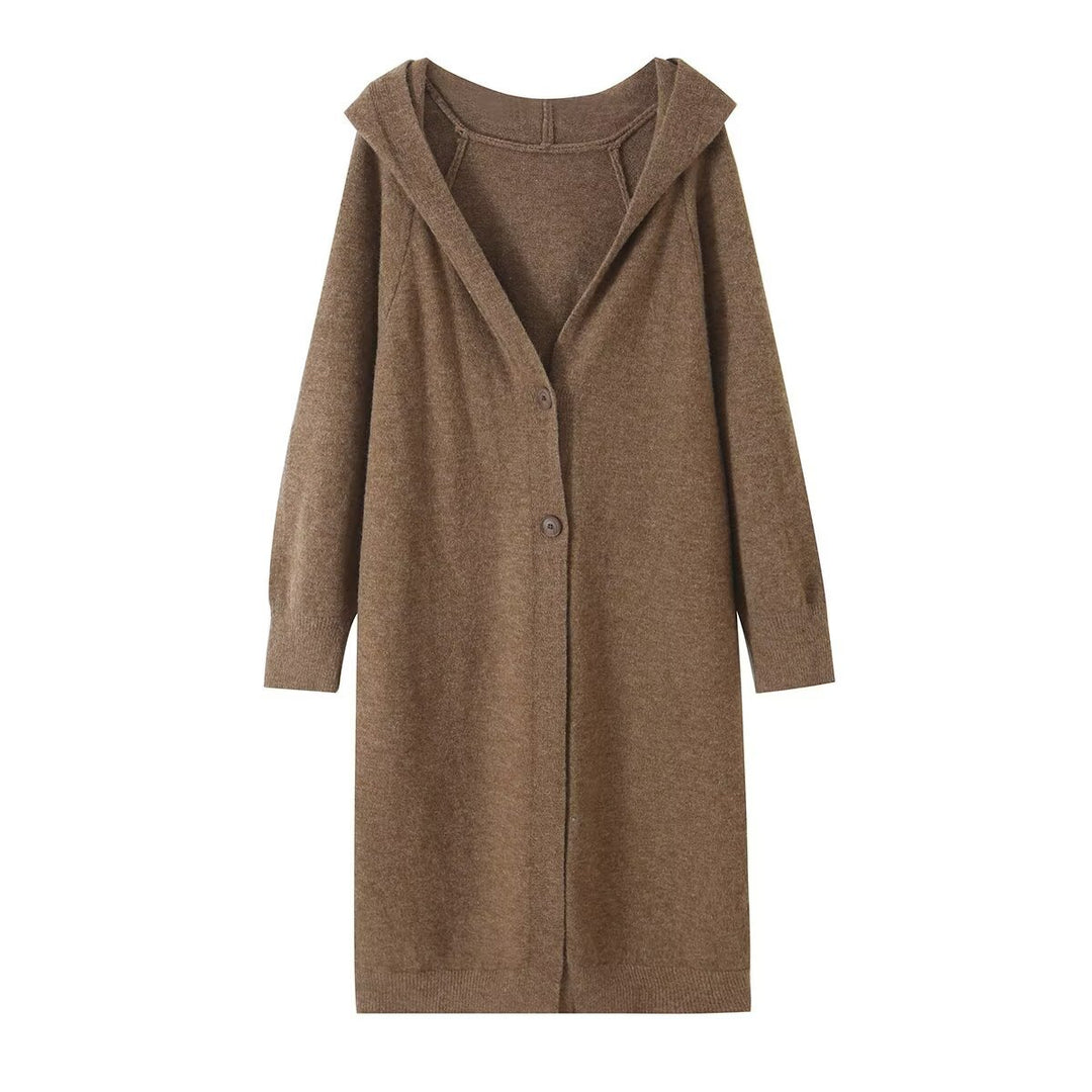 Damen Longline Strickcardigan mit Kapuze, Feinstrick und Knopfverschluss Nord Taschen