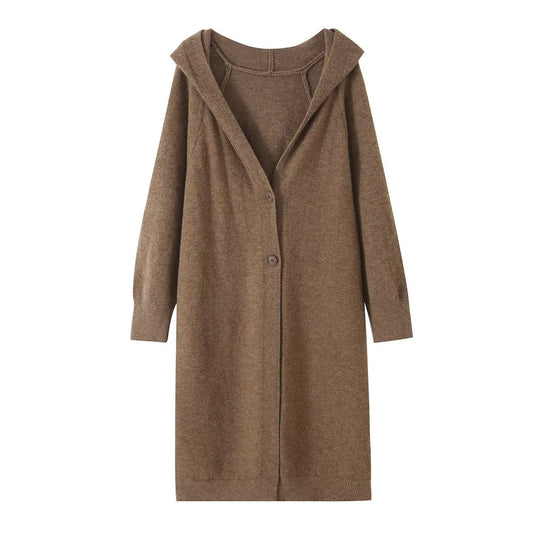 Damen Longline Strickcardigan mit Kapuze, Feinstrick und Knopfverschluss Nord Taschen
