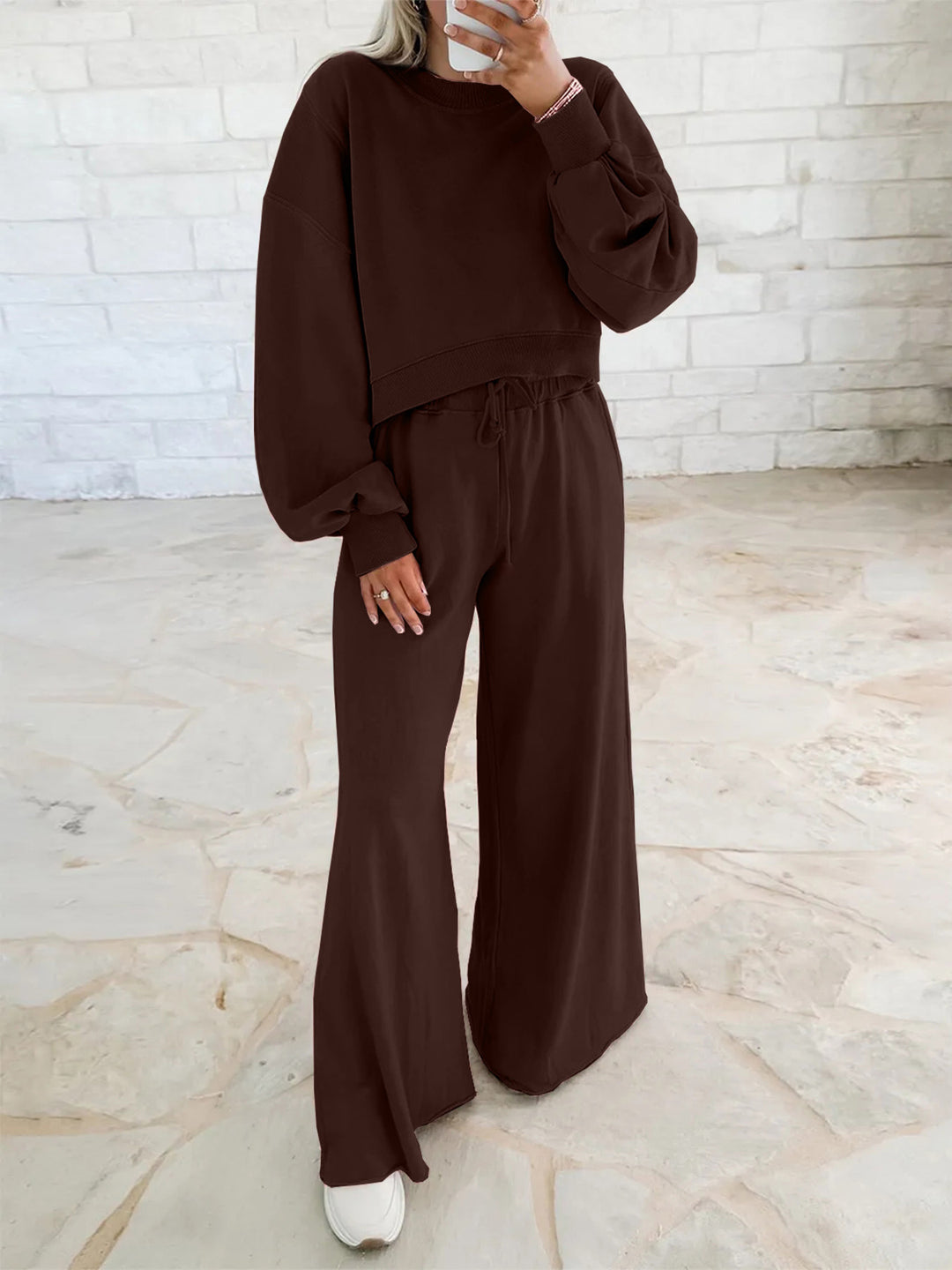 Damen Kurzpullover- und Palazzohose Lounge-Set mit Ballonärmeln Nord Taschen