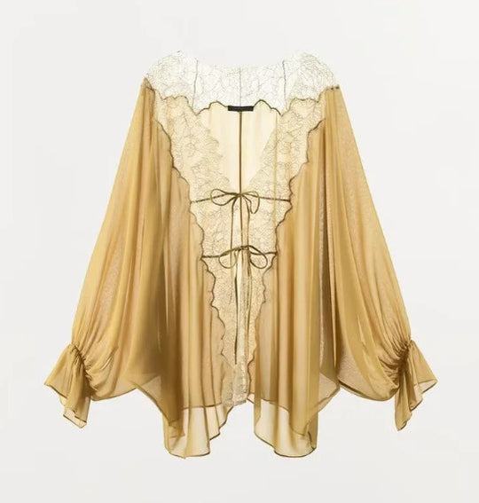 Damen Transparenter Chiffonkimono mit Spitzenbesatz und Volumenärmeln Nord Taschen