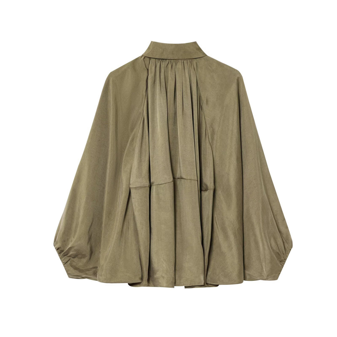 Damen Weite plissierte Hemdblusen-Jacke mit Hemdkragen, Reißverschluss und ballonförmigem Saum Nord Taschen