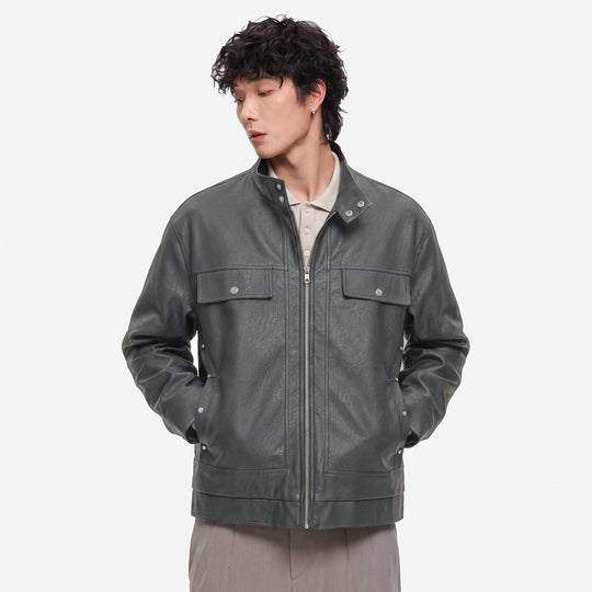 Herren Lederjacke im Fieldstil mit Stehkragen, Brustklappen und Reißverschluss Nord Taschen