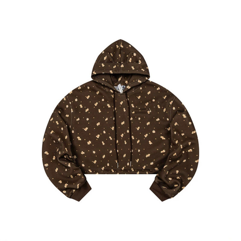 Damen Cropped Kapuzen-Sweatshirt mit Allover-Blumenprint, Brusttasche und gerafftem Saum Nord Taschen