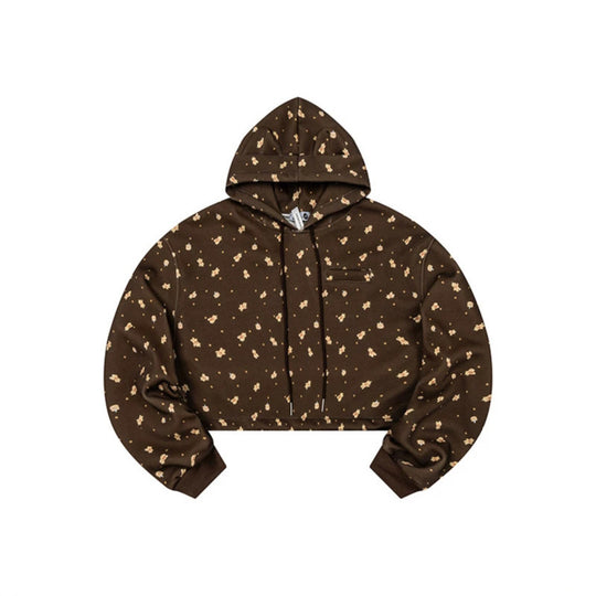 Damen Cropped Kapuzen-Sweatshirt mit Allover-Blumenprint, Brusttasche und gerafftem Saum Nord Taschen
