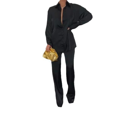 Damen Satin-Hemd und Palazzo-Hose Lounge-Set Nord Taschen