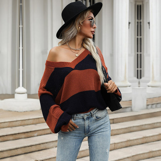 Damen Gestreifter Oversize V‑Ausschnitt Pullover im Grobstrick Nord Taschen