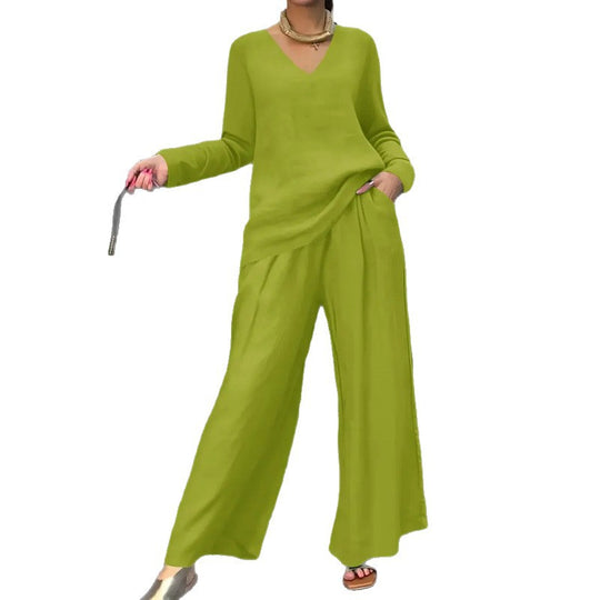 Damen Feiner V-Ausschnitt Strickpullover mit fließender Palazzo-Hose Nord Taschen