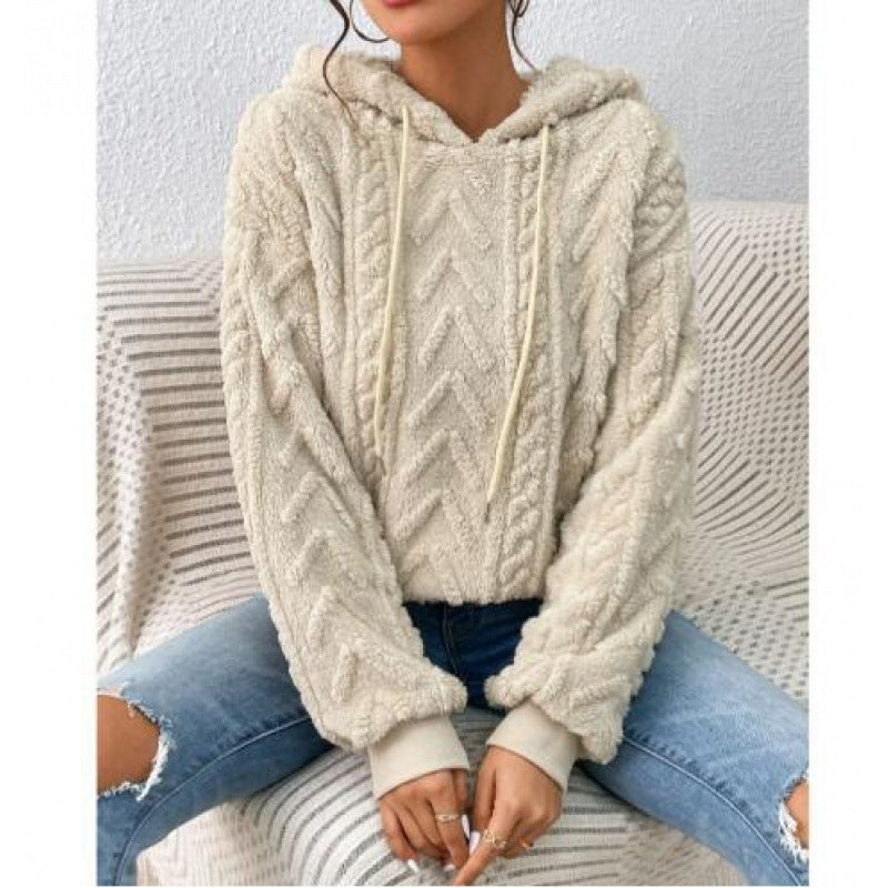 Damen Flauschiger Kapuzenpullover im Zopfmuster mit Oversize-Schnitt Nord Taschen