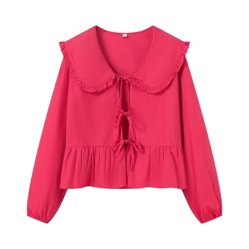 Damen Rüschige Cropped-Bluse mit übergroßem Kragen, Bindebändern und tailliertem Peplum Nord Taschen