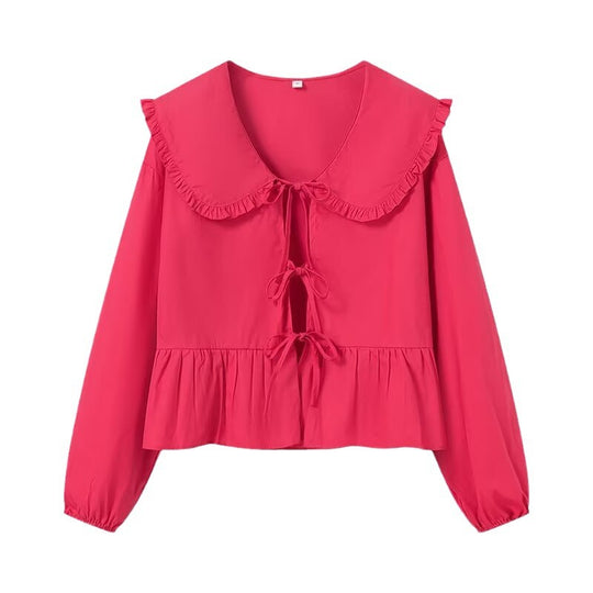 Damen Rüschige Cropped-Bluse mit übergroßem Kragen, Bindebändern und tailliertem Peplum Nord Taschen