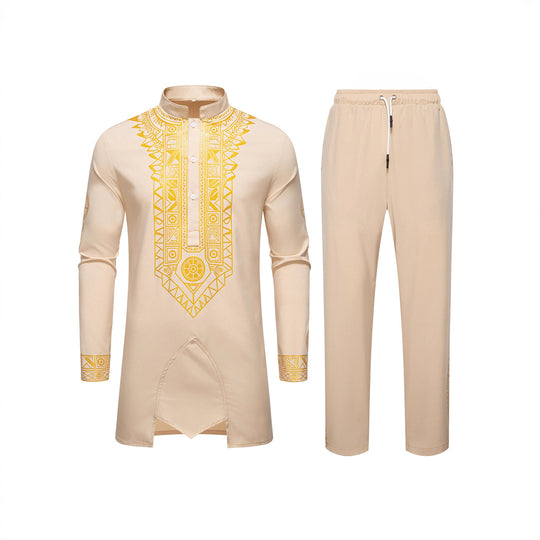 Herren Traditionelles Langarm-Kurta-Set mit Stehkragen, goldfarbenem Ornamentdruck und Tunnelzughose Nord Taschen