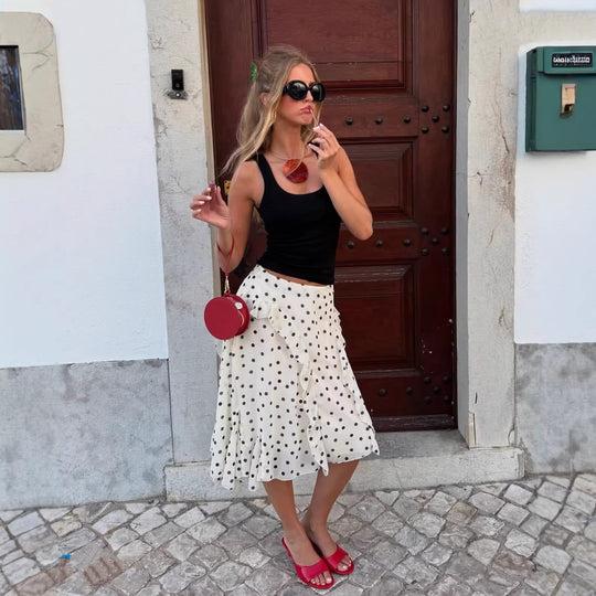 Damen Verspielter Midirock mit Wickeloptik Volants und Polka‑Dot‑Print Nord Taschen