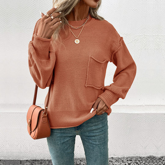Damen Lässiger Strickpullover mit aufgesetzter Tasche Nord Taschen