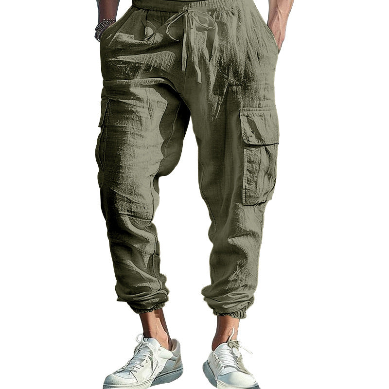 Herren nan lässige Leinen-Cargo-Jogger mit Kordelbund, großen Klapptaschen und elastischem Knöchelabschluss