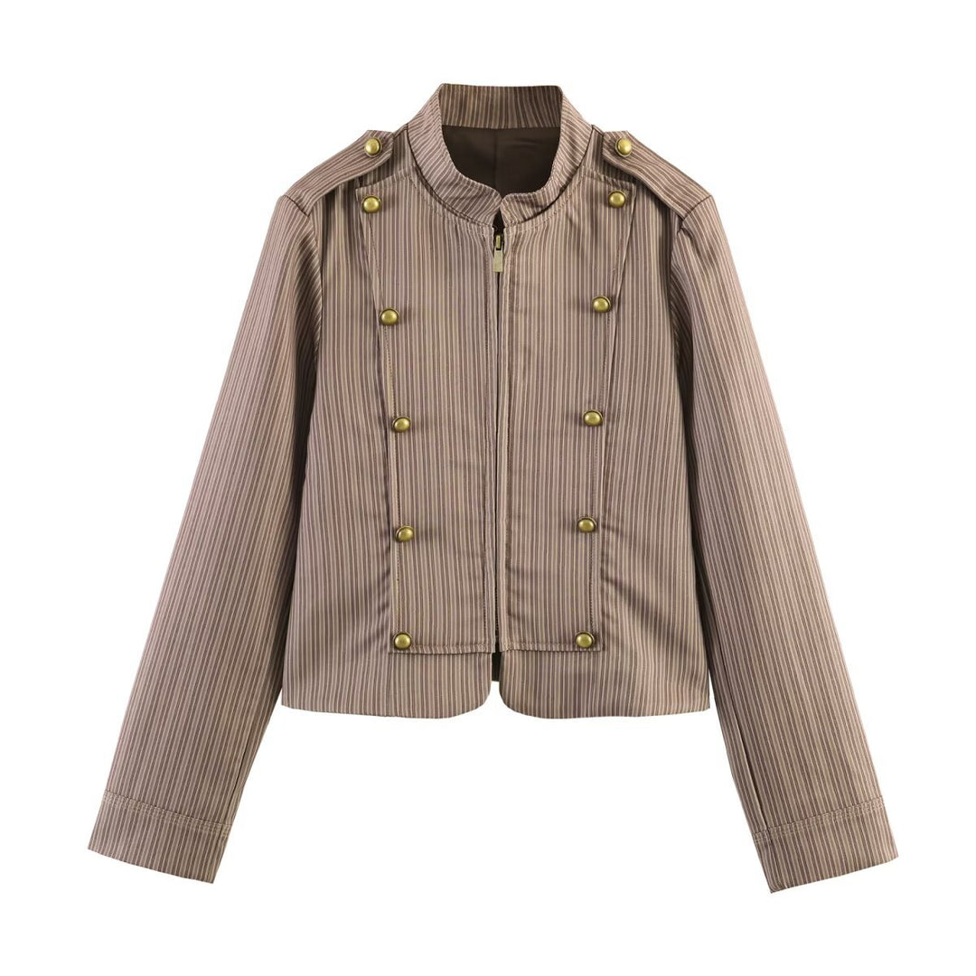Damen Cropped-Militärjacke im Nadelstreifen mit Stehkragen, Epauletten und dekorativen Messingknöpfen Nord Taschen