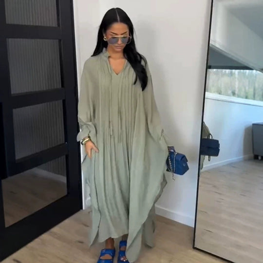 Damen Maxikleid im Kaftan-Stil mit Rüschenkragen, Bindebändern und voluminösen Ärmeln Nord Taschen
