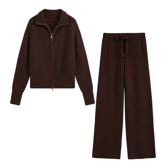 Damen Zweiteiliges Strickset mit Reißverschluss-Cardigan, Stehkragen und weitem Bein Nord Taschen