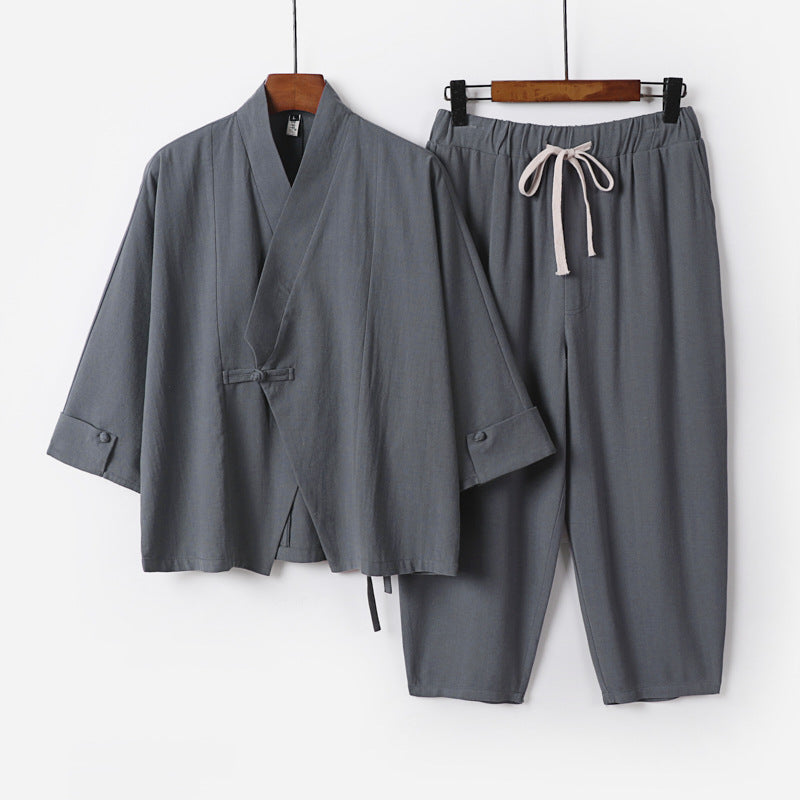 Herren Atmungsaktives Leinen-Baumwoll Lounge-Set mit asymmetrischem V-Kragen und elastischer Kordelhose Nord Taschen
