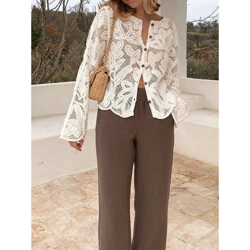 Damen Häkel-Cardigan mit Blumen‑Ajourmuster, Knopfleiste & gewelltem Saum Nord Taschen