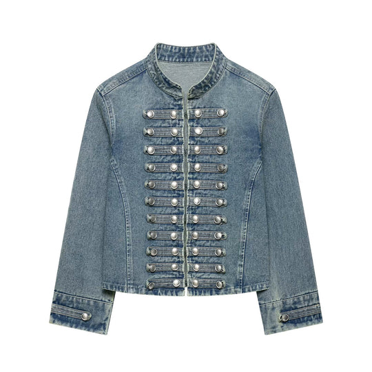 Damen Taillierte Denim‑Blazerjacke im militärisch inspirierten Marschallstil mit Zierknopfleiste Nord Taschen