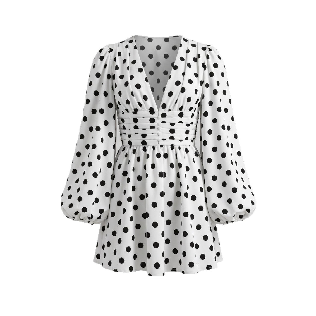 Damen Kurzes Polka‑Dot Kleid mit tiefem V‑Ausschnitt, Ballonärmeln und Knopfleiste Nord Taschen