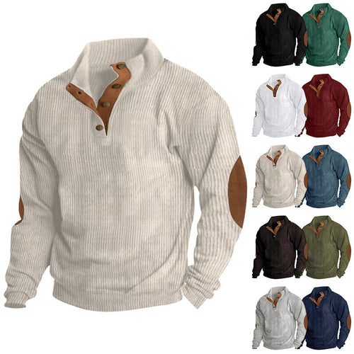 Herren Waffelstrick-Henley-Pullover mit Stehkragen und Ellbogen-Patches Nord Taschen