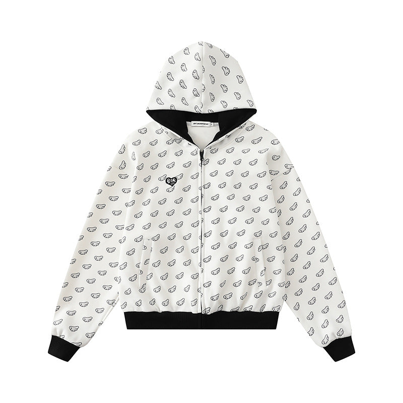 Damen Kapuzensweatjacke mit Allover‑Flügelmotiv, durchgehendem Reißverschluss und kontrastierenden Bündchen Nord Taschen