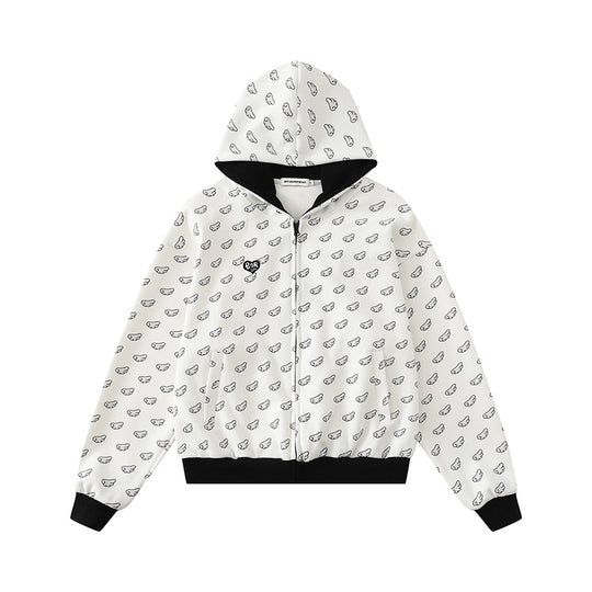 Damen Kapuzensweatjacke mit Allover‑Flügelmotiv, durchgehendem Reißverschluss und kontrastierenden Bündchen Nord Taschen