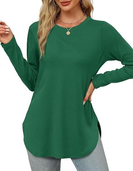 Damen Lässiges Longsleeve-Tunikaoberteil mit Rundhalsausschnitt, Seitenschlitzen und Aquarell-Blattprint Nord Taschen