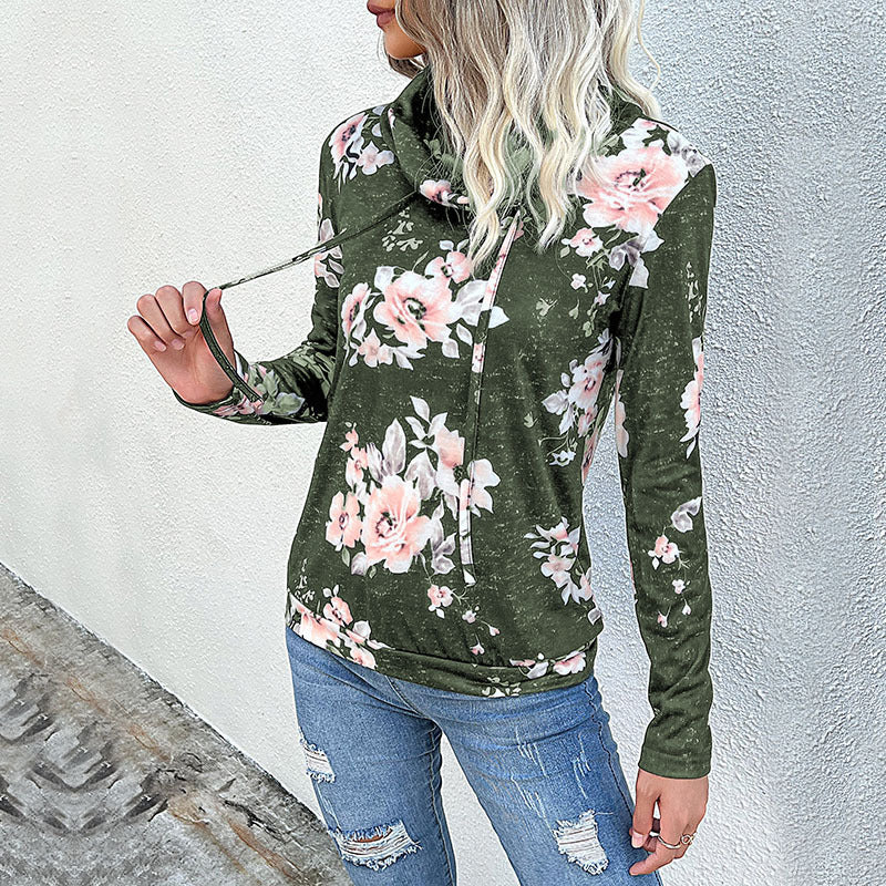Damen Schlauchkragen-Sweatshirt mit floralem Alloverprint und Kordelzug Nord Taschen