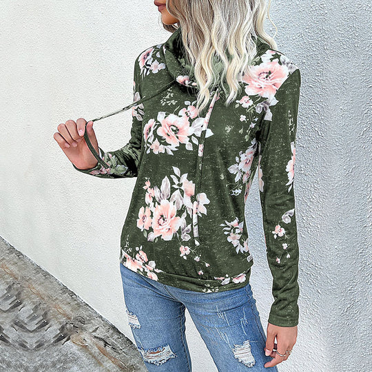 Damen Schlauchkragen-Sweatshirt mit floralem Alloverprint und Kordelzug Nord Taschen