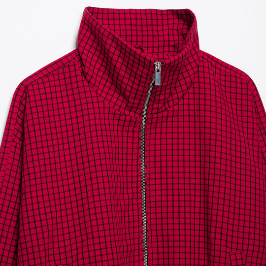 Damen Karierte Cropped Jacke mit Stehkragen und Reißverschluss Nord Taschen