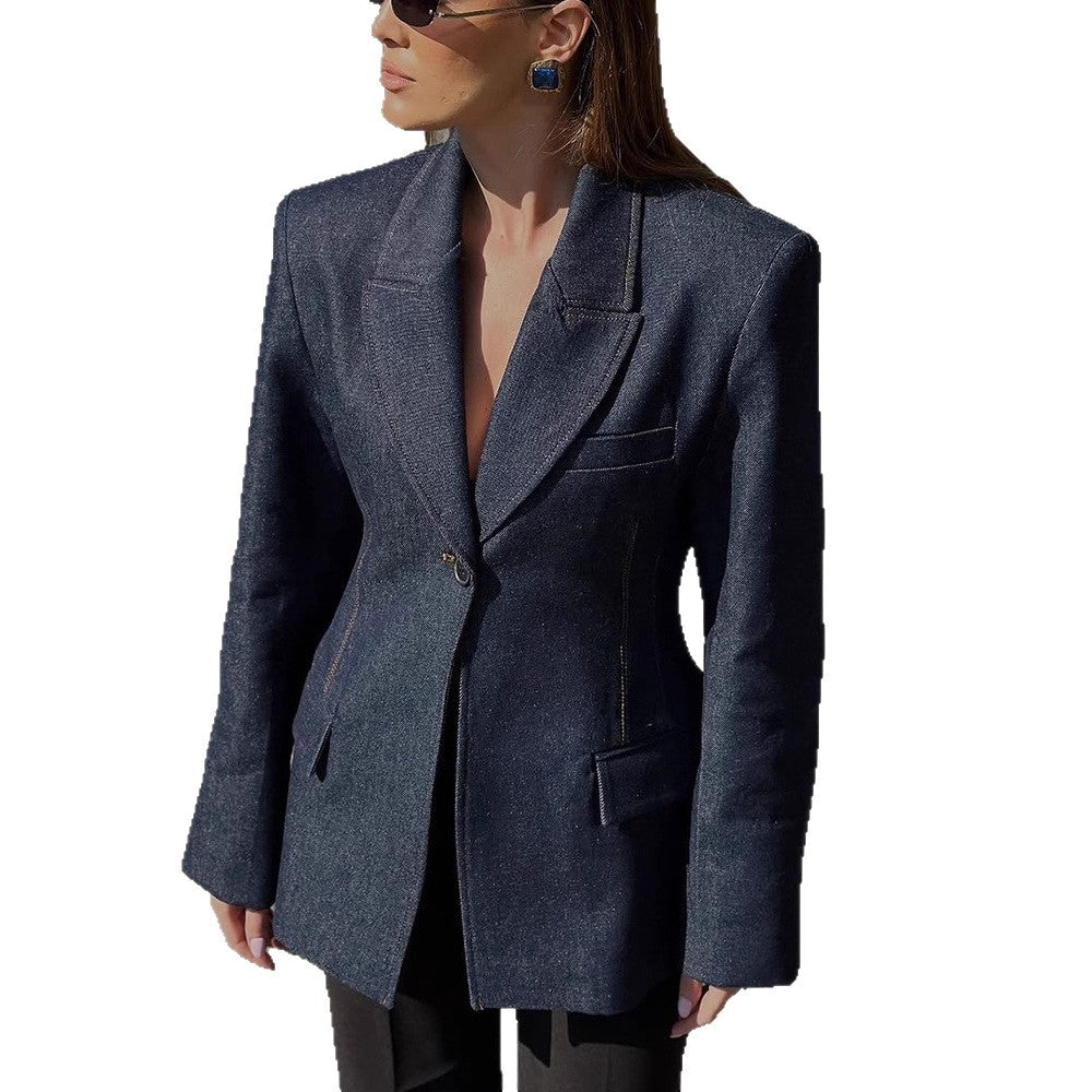 Damen taillierter Jeansblazer mit geschwungenem Revers Nord Taschen