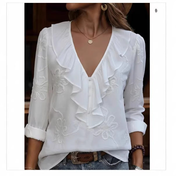 Damen elegante Bluse mit Volant und floralem Stickmuster