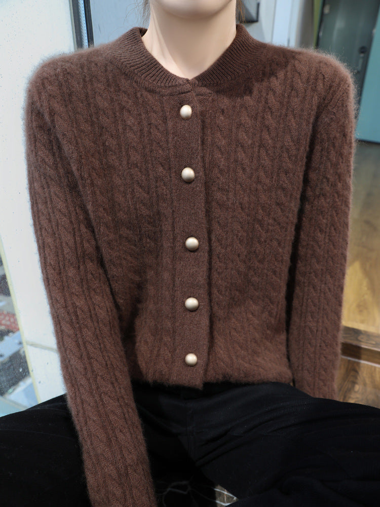 Damen Leichter Zopfstrick-Cardigan in Mohair‑Optik mit dekorativen Perlmuttknöpfen Nord Taschen