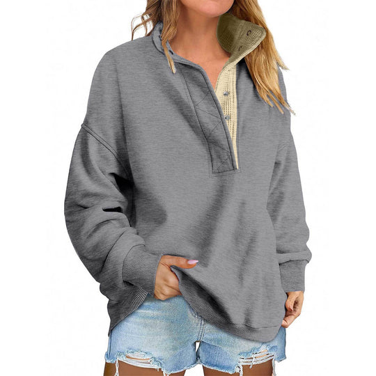 Damen Oversize-Henley-Sweatshirt mit Stehkragen und Druckknopfleiste Nord Taschen