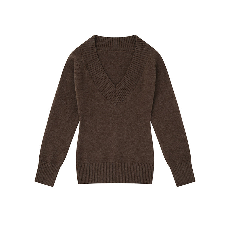 Damen Feinstrickpullover mit tiefem V-Ausschnitt, breitem Ripprand und legerer Passform Nord Taschen